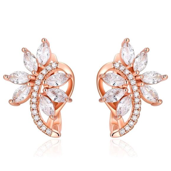 Rose Gold with White Diamond Cubic Zirconia French Clip Post Flower Earrings - Picture 1 of 6